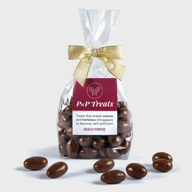 Packed with Purpose chocolate-covered almonds — a sweet treat supporting veterans and individuals experiencing homelessness in Chicago